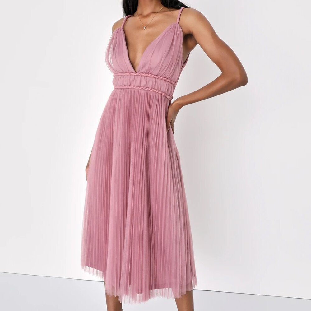 Pink Mesh Pleated Sleeveless Midi Dress